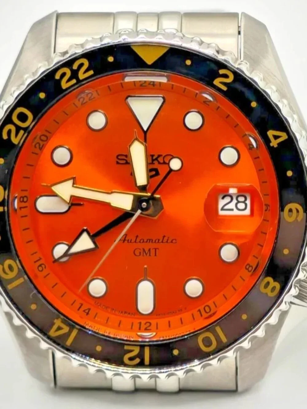 Seiko 5 Sports SSK005 Automatic GMT Orange Dial Mens Watch 43mm Steel Bracelet